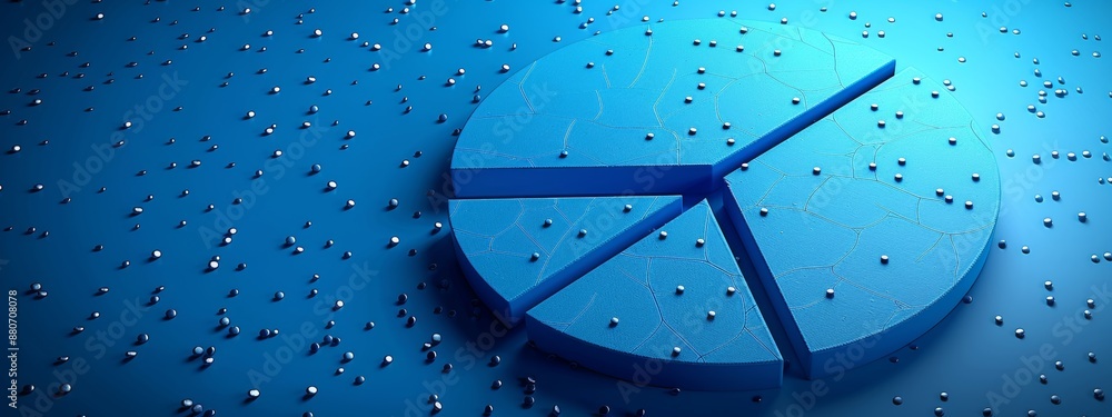 Poster minimalist 3d illustration of a pie chart with different sections in blue color.