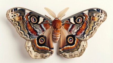 Close-up of a moth with a distinctive long tail on a clean white background