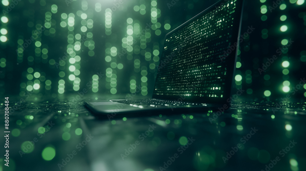 Poster a laptop is on a table with a green background. the laptop screen is displaying a series of green do