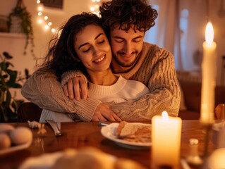 snuggle, romantic couple, candlelit dinner, intimate atmosphere, cozy, love