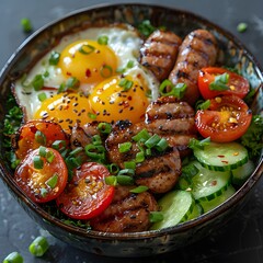 Realistic Keto Bowl with Sausages and Fresh Vegetables