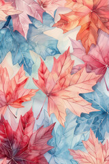A watercolour pattern background of semi-transparent autumn maple leaves