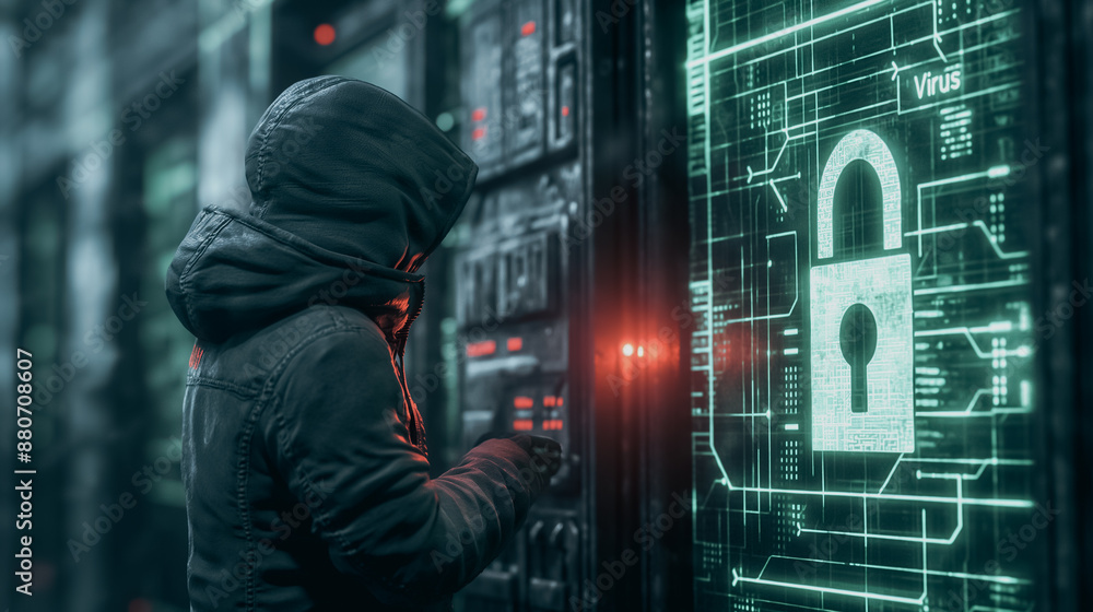 Poster a man is standing in front of a computer monitor with a green lock on it