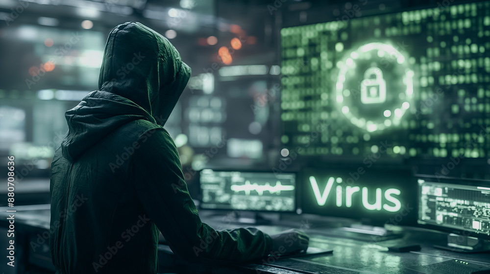 Poster a man is sitting in front of a computer screen with a virus symbol on it. he is wearing a hoodie and