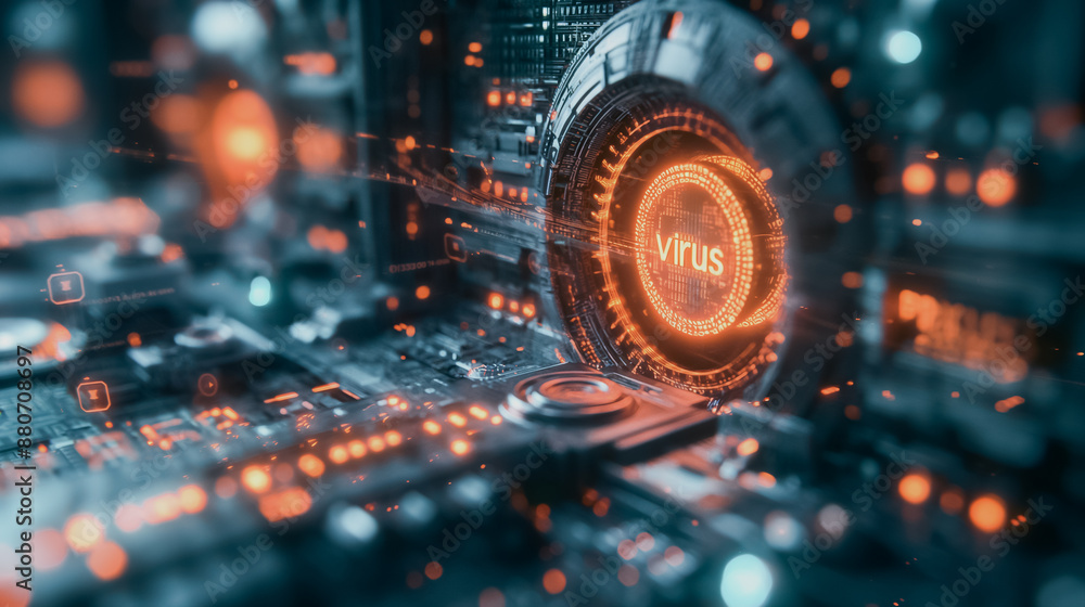 Poster a computer chip with a glowing virus symbol on it. the image has a futuristic and technological feel