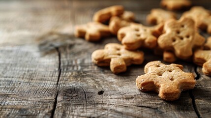 Fototapeta premium Organic dog biscuit treats on wooden surface with space for text