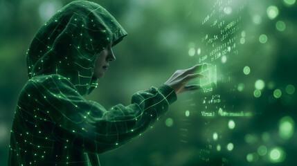 A person in a green hoodie is touching a glowing screen. Concept of wonder and curiosity, as the person seems to be exploring the digital world