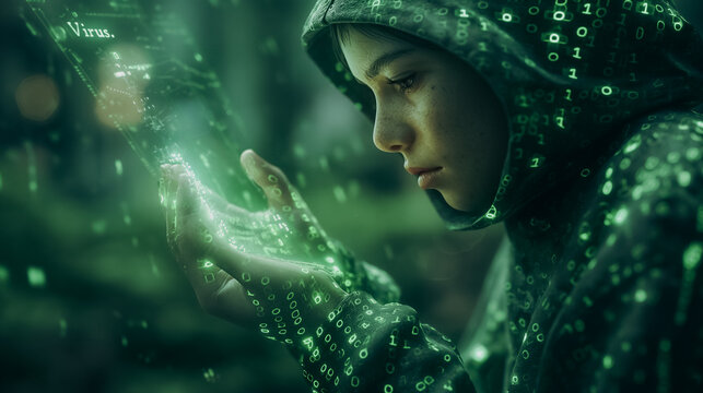 A young girl is holding a cell phone in her hand, and the screen is glowing green. Concept of technology and the potential dangers of viruses and other malicious software