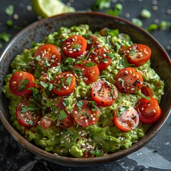 Fresh and Healthy Mexican Guacamole with Cherry Tomatoes