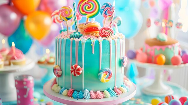 Themed Birthday Cake Extravaganza, Birthday Cake, Edible Figures, Candy Toppings, Vibrant Colors