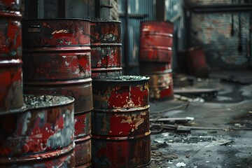 Naklejka premium Abandoned Chemical Barrels, old, industrial, setting, rusted