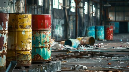 Vintage Chemical Barrels, deteriorating, abandoned, industrial, complex