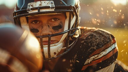 A photograph of young American football players, in action, viewed in close-up