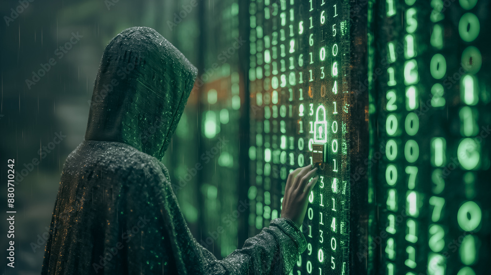 Poster a person is pressing a button on a green screen with numbers on it. the person is wearing a hoodie a