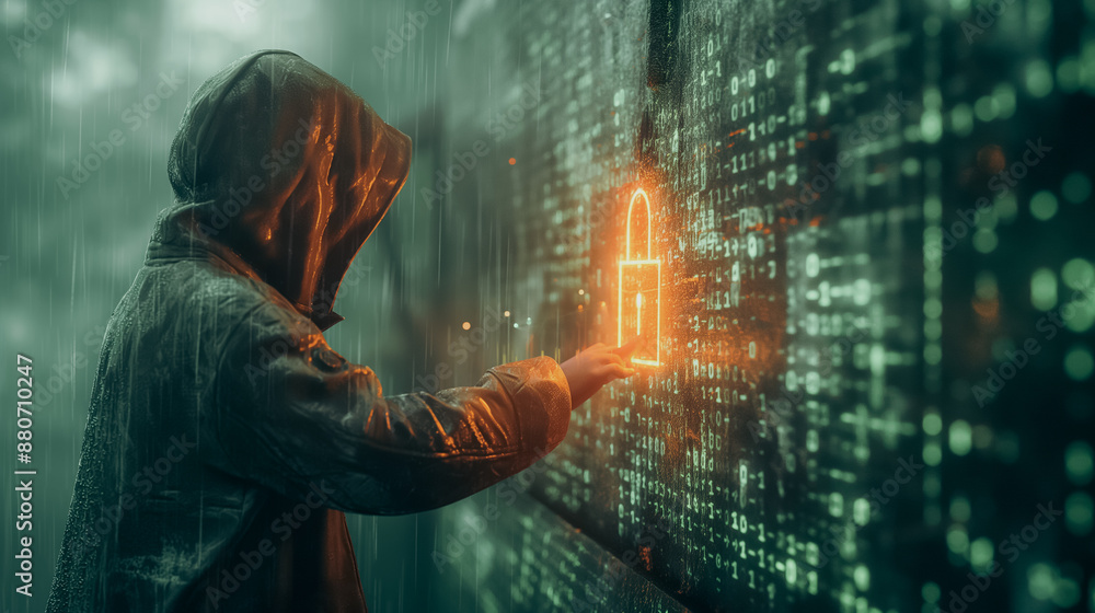 Aufkleber a person is holding a glowing key in front of a green screen with a lock on it. concept of security 