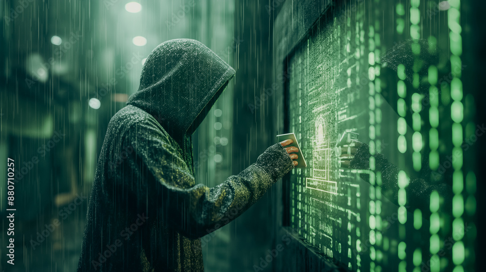 Poster a man in a hoodie is looking at a computer screen with a green background. he is holding a pen and h