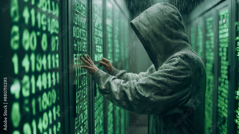 Poster a man in a hoodie is typing on a computer keyboard in front of a green screen wi