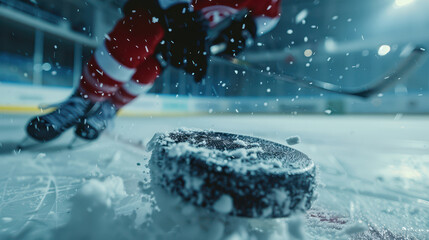 A close-up capture of the moment a hockey player dribbles the puck, showing intense focus and movement, ice rink and net in the background