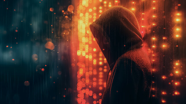 A person is standing in the rain with a hood over their head. The image has a moody and mysterious feel to it, as the person is partially obscured by the hood and the rain creates a sense of darkness