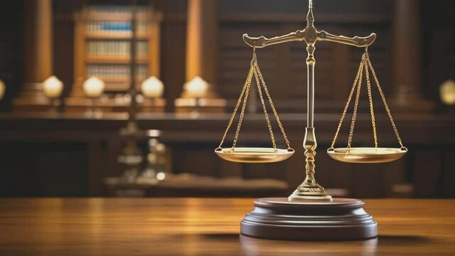 Golden scales of justice on wooden desk in law library