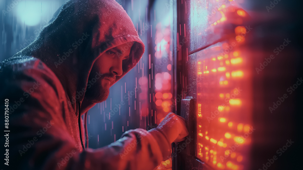 Poster a man in a hoodie is looking at a computer screen. the image has a moody and mysterious feel to it, 