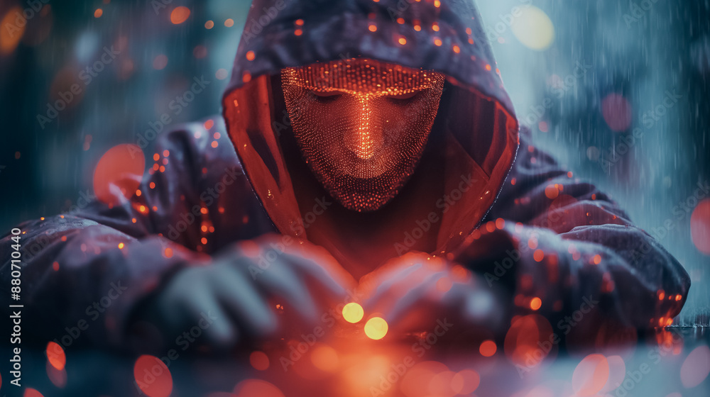 Poster a man with a hoodie on is looking at a glowing light. the image has a futuristic and mysterious vibe
