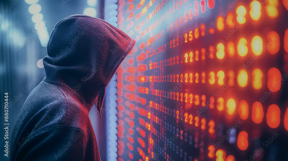 Poster a man in a hoodie is looking at a computer screen with a bunch of numbers on it