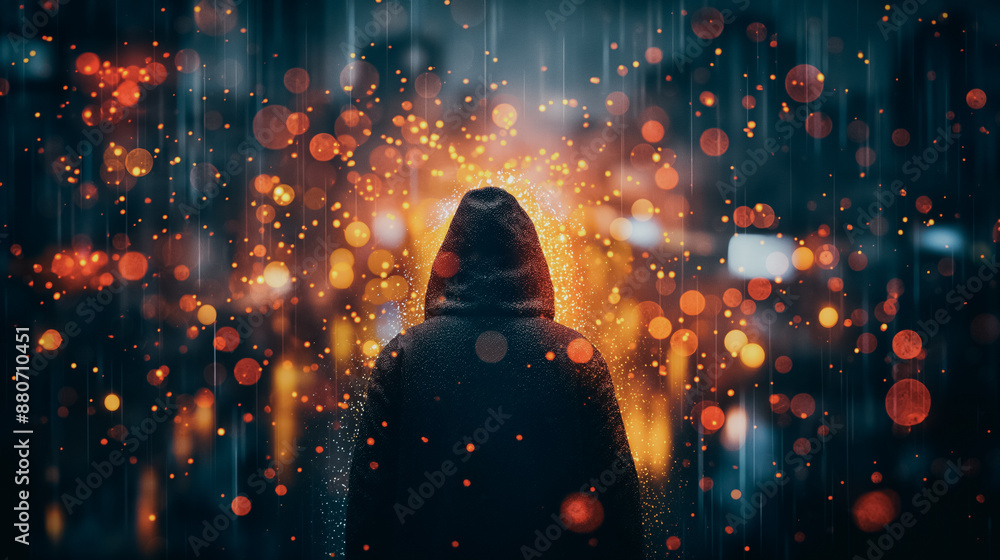 Poster a person is standing in the rain with a hood on. the rain is falling in a pattern of small, bright s