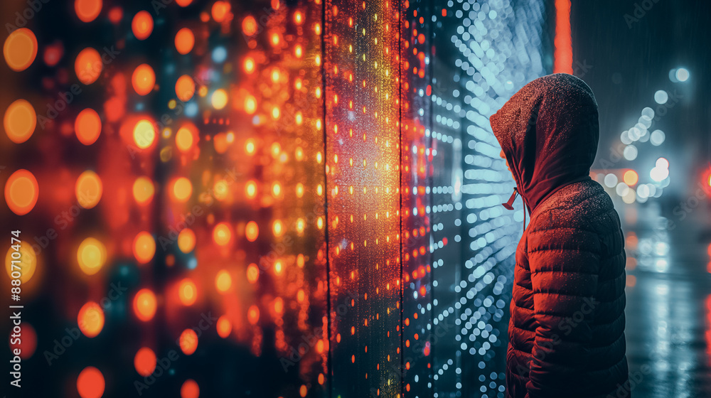 Poster a person is standing in front of a wall of lights. the lights are in different colors and are arrang