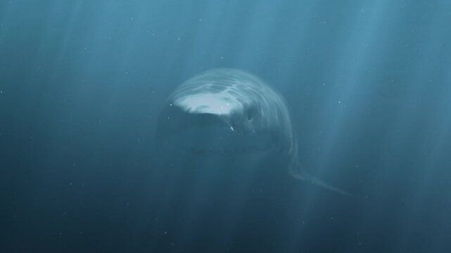 Great White Shark Megalodon Appears from the Deep and Attacks. Realistic Scary 3d animation, 4K Ultra HD 3840x2160