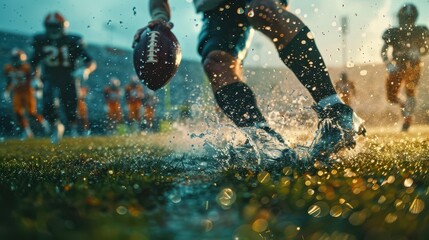 A close-up view of a football player sliding on wet grass in joy, rain droplets visible, stadium and other players in the background, field setting