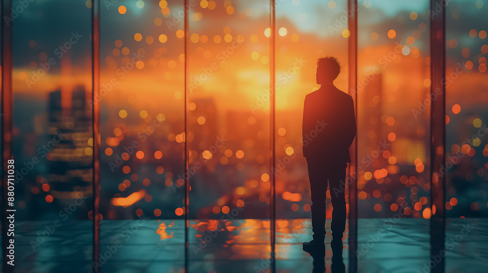 Poster a man stands in front of a window looking out at the city. the city is lit up with lights, creating 