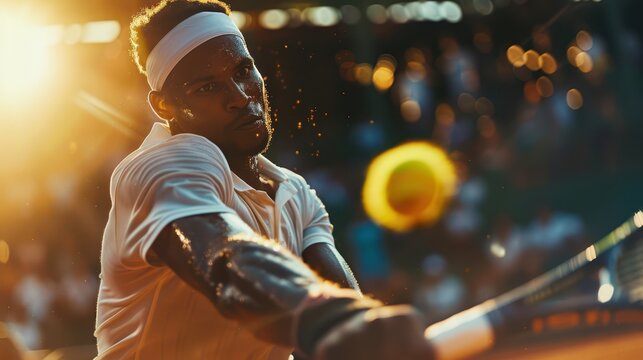 A dramatic close-up of a tennis player during a match, mid-swing, intense focus on the ball, sweat flying