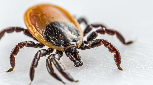 Small deer tick with scale on white background Ixodes ricinus or scapularis Larva stage insect filled with blood close up shot Diseases transmitted by ticks