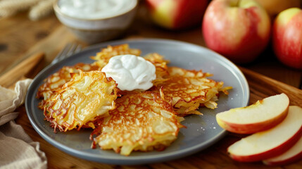 Kartoffelpuffer, A Traditional German Dish, Potato Pancakes, Served With Apples And Sour Cream