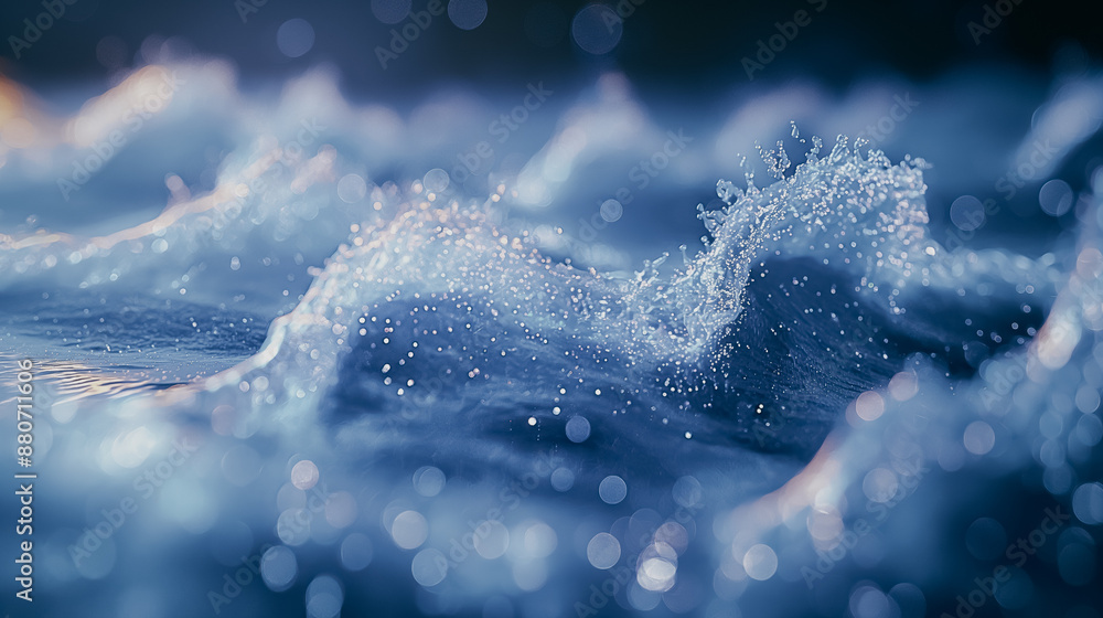 Poster the image is of a wave in the ocean, with water droplets splashing out of it. scene is calm and sere
