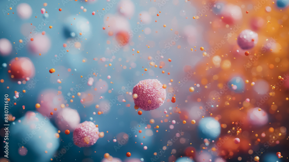 Poster a colorful image of many small balls, some of which are pink and some are blue. the image has a play