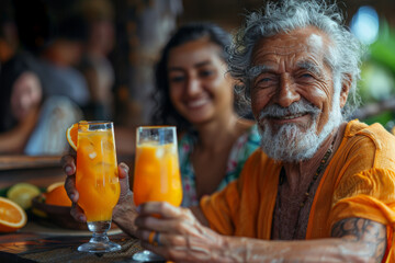 Smiling senior man toasts with friends at outdoor cafe