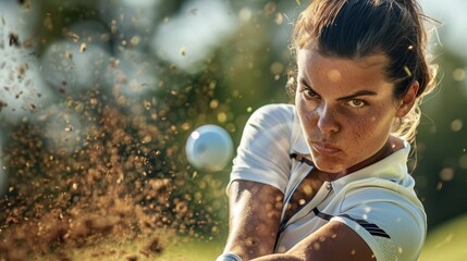 A photograph of a female golfer, focused and determined, viewed in close-up