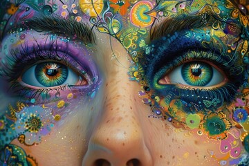 A woman's face is covered in colorful makeup