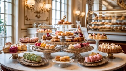 Elegant French patisserie display featuring colorful macarons and pastries in a Parisian cafe