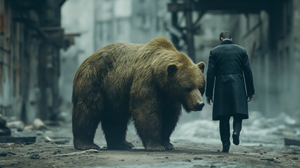 A man is walking with a large brown bear. The bear is standing on a street, and the man is wearing a black coat. The scene is dark and moody