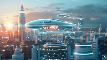 Futuristic tech hub: Sleek, modern buildings with holographic advertisements and autonomous drones flying overhead, set against a backdrop of advanced transportation systems.