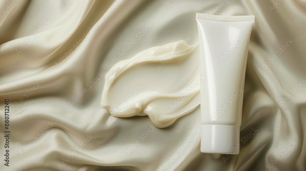 Poster view of open tube with squeezed cream on neutral background and space for writing