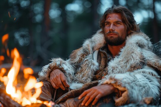 Caveman wearing animal skin by a campfire