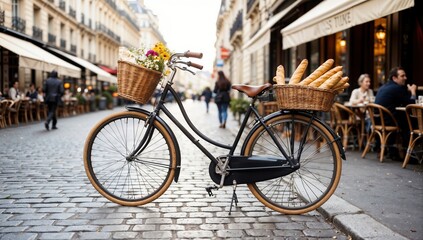 Vintage bicycle with flowers and baguettes on a charming Paris street with sidewalk cafes