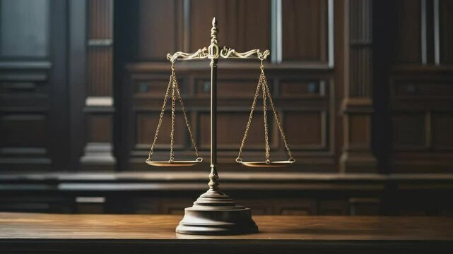 Golden scales of justice on wooden desk in law library