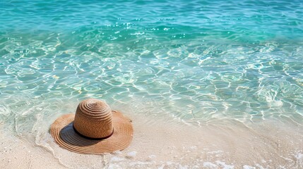 Straw Hat on a Sandy Beach with Clear Blue Water