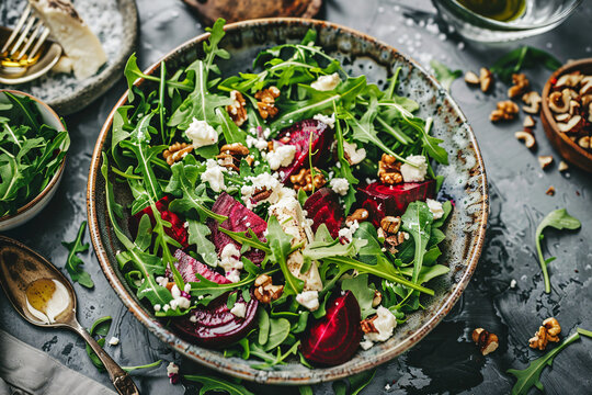 salad with beets, arugula and sheep cheese with nuts