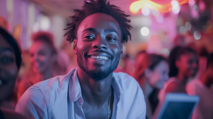 Obraz premium A man with a big smile is standing in a crowd of people. He is wearing a white shirt and a gold necklace. Scene is happy and lively